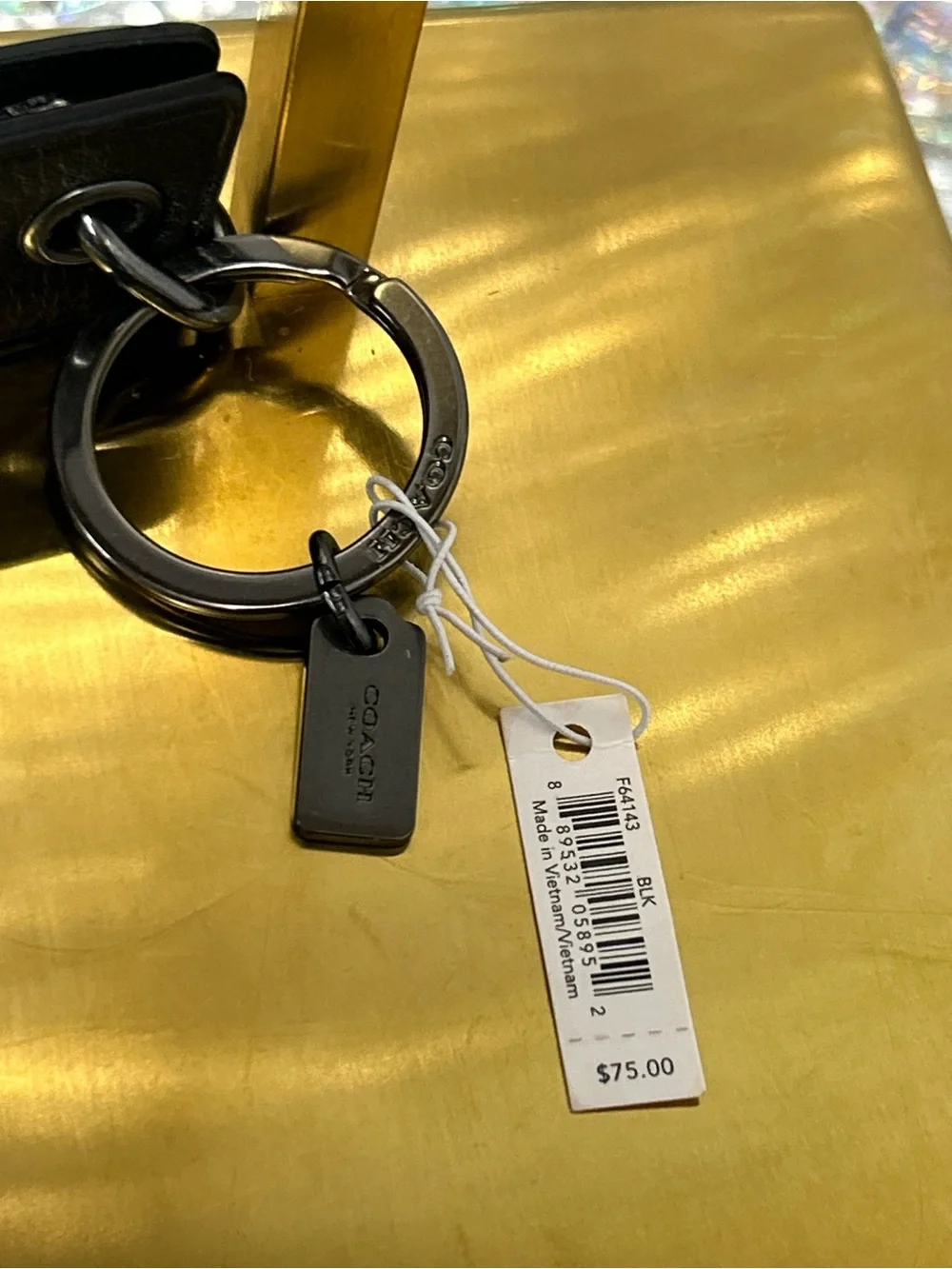 Coach Black Leather Key Fob with Silver Hardware and Logo Tags